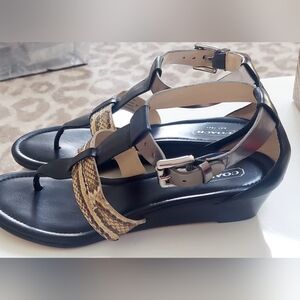 Coach Black Wedge Sandals with Snake-Print And Gold Accent SZ 8